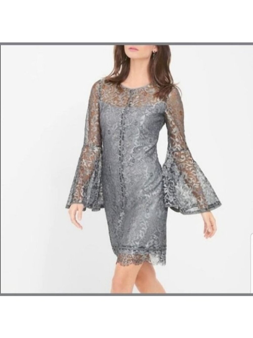White House Black Market WHBM Metallic Bell Sleeve Lace Dress size 6